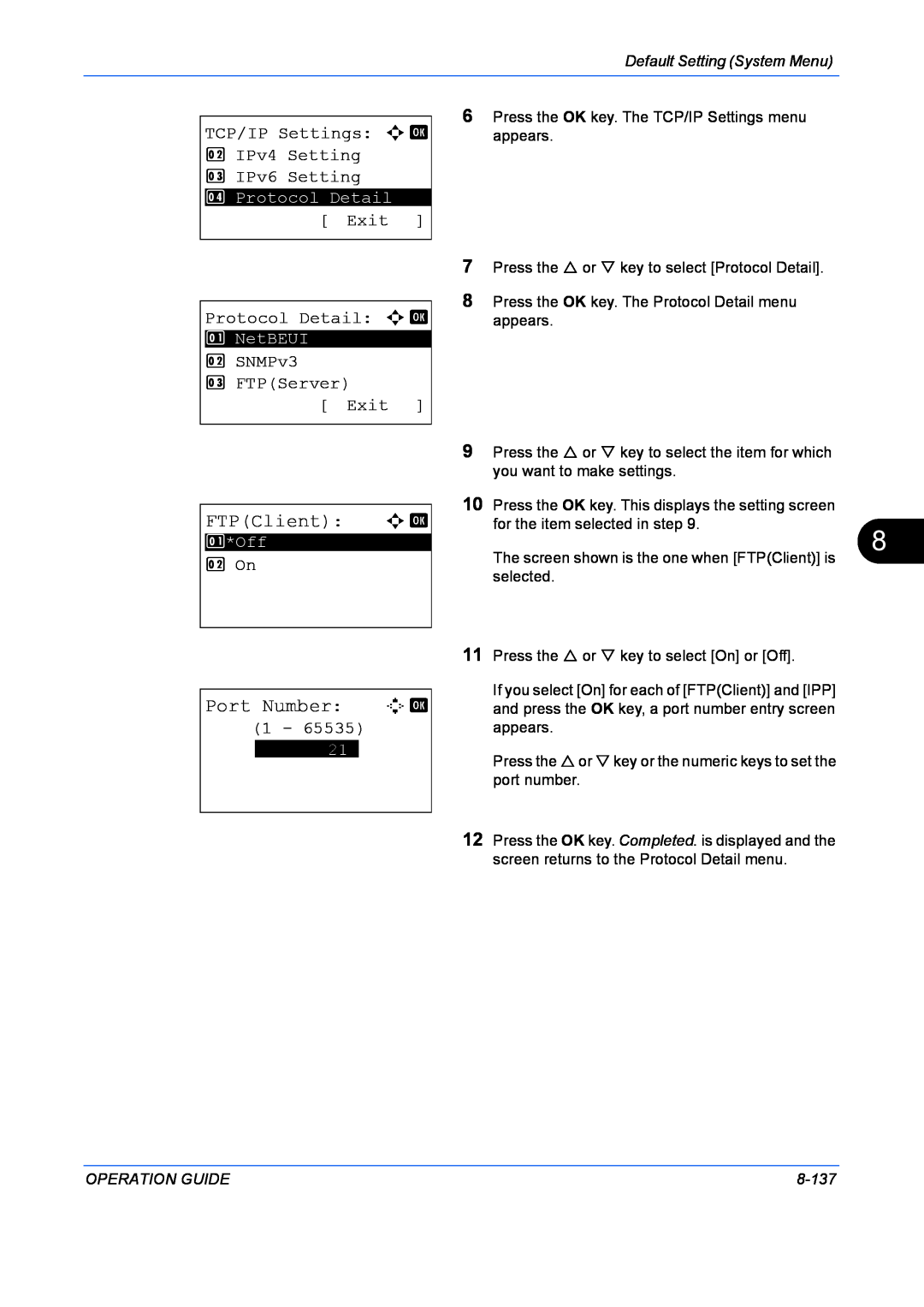 Kyocera FS-1128MFP manual FTPClient a b, Port Number D b, TCP/IP Settings a b 2 IPv4 Setting 3 IPv6 Setting, 2 On, 8-137 