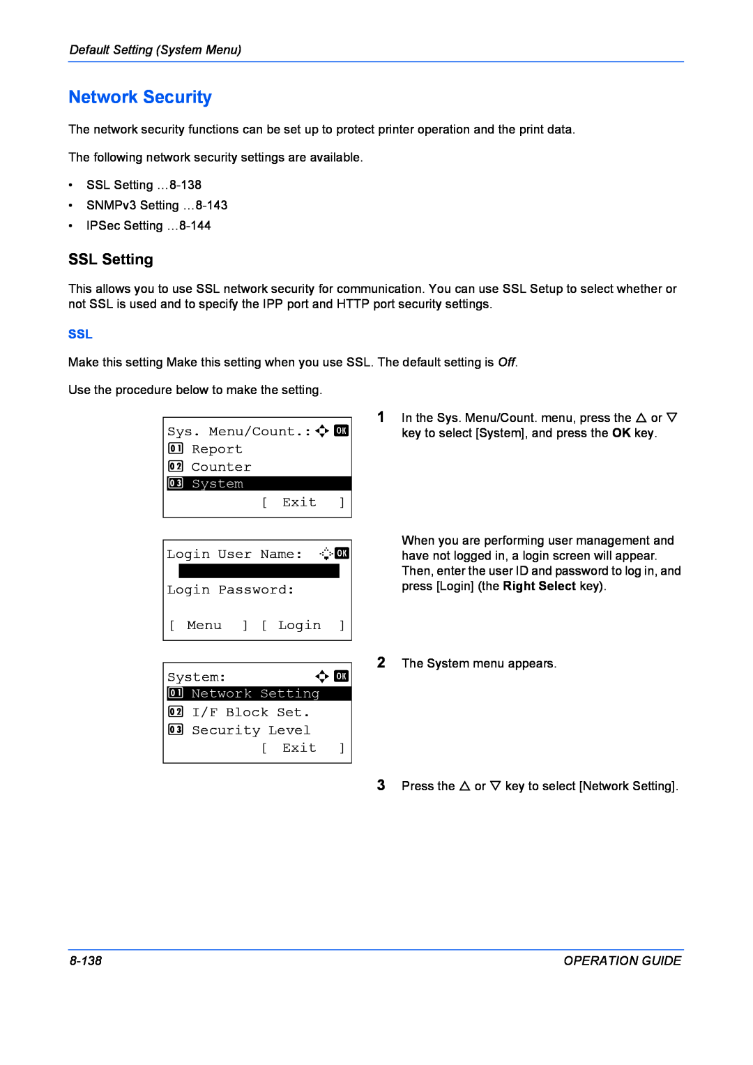 Kyocera FS-1028MFP Network Security, SSL Setting, Sys. Menu/Count.a b 1 Report 2 Counter, Exit, Login User Name L b, 8-138 