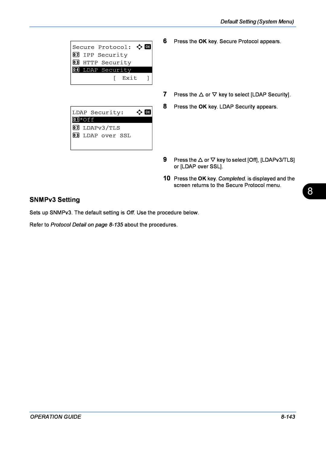 Kyocera FS-1128MFP SNMPv3 Setting, Secure Protocol a b 2 IPP Security 3 HTTP Security, Exit, LDAP Security a b, 8-143 