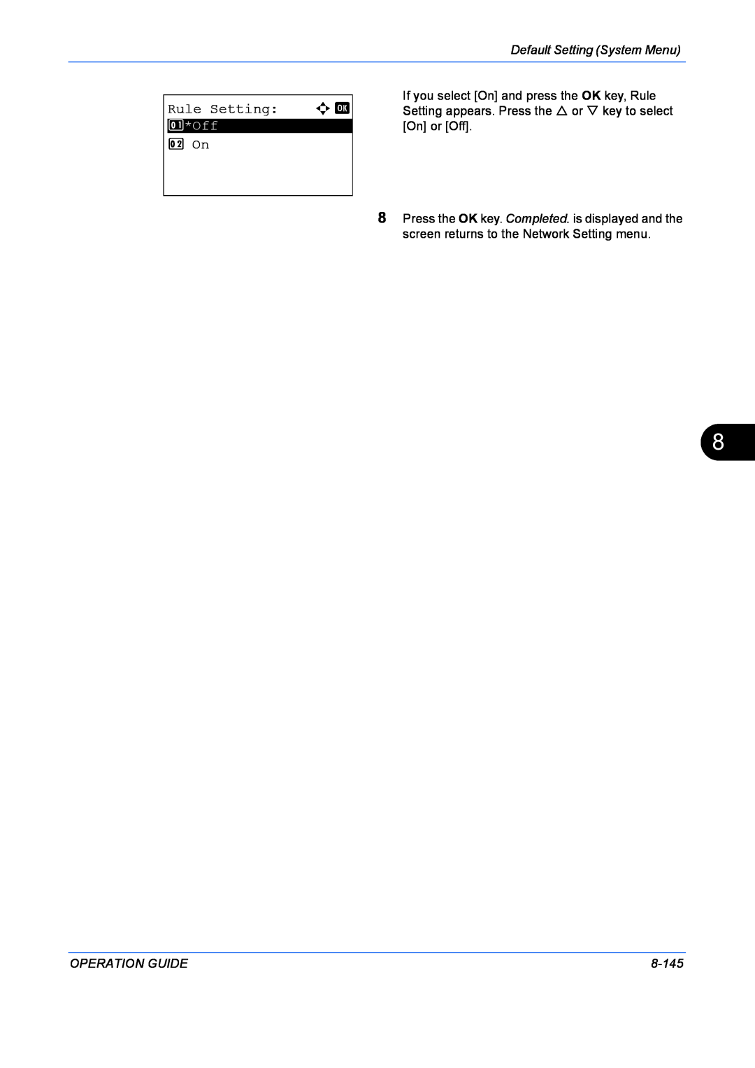 Kyocera FS-1128MFP, FS-1028MFP manual Rule Setting a b, 2 On, Default Setting System Menu, Operation Guide, 8-145 