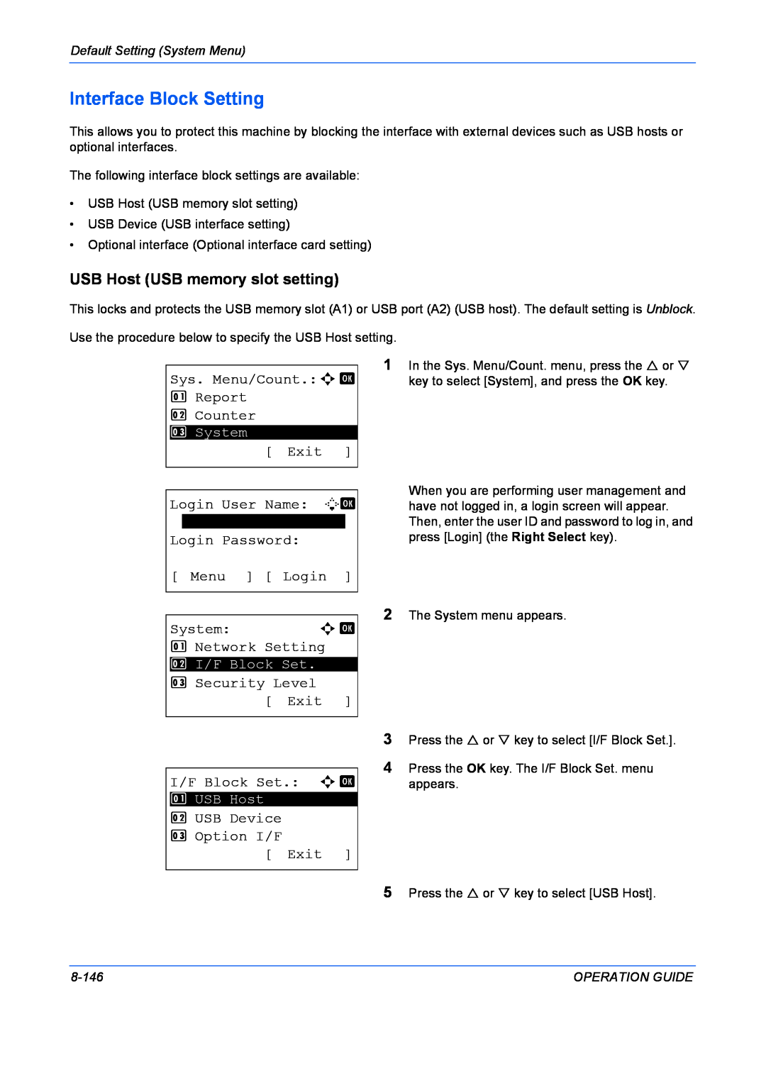 Kyocera FS-1028MFP Interface Block Setting, USB Host USB memory slot setting, Sys. Menu/Count.a b 1 Report 2 Counter, Exit 