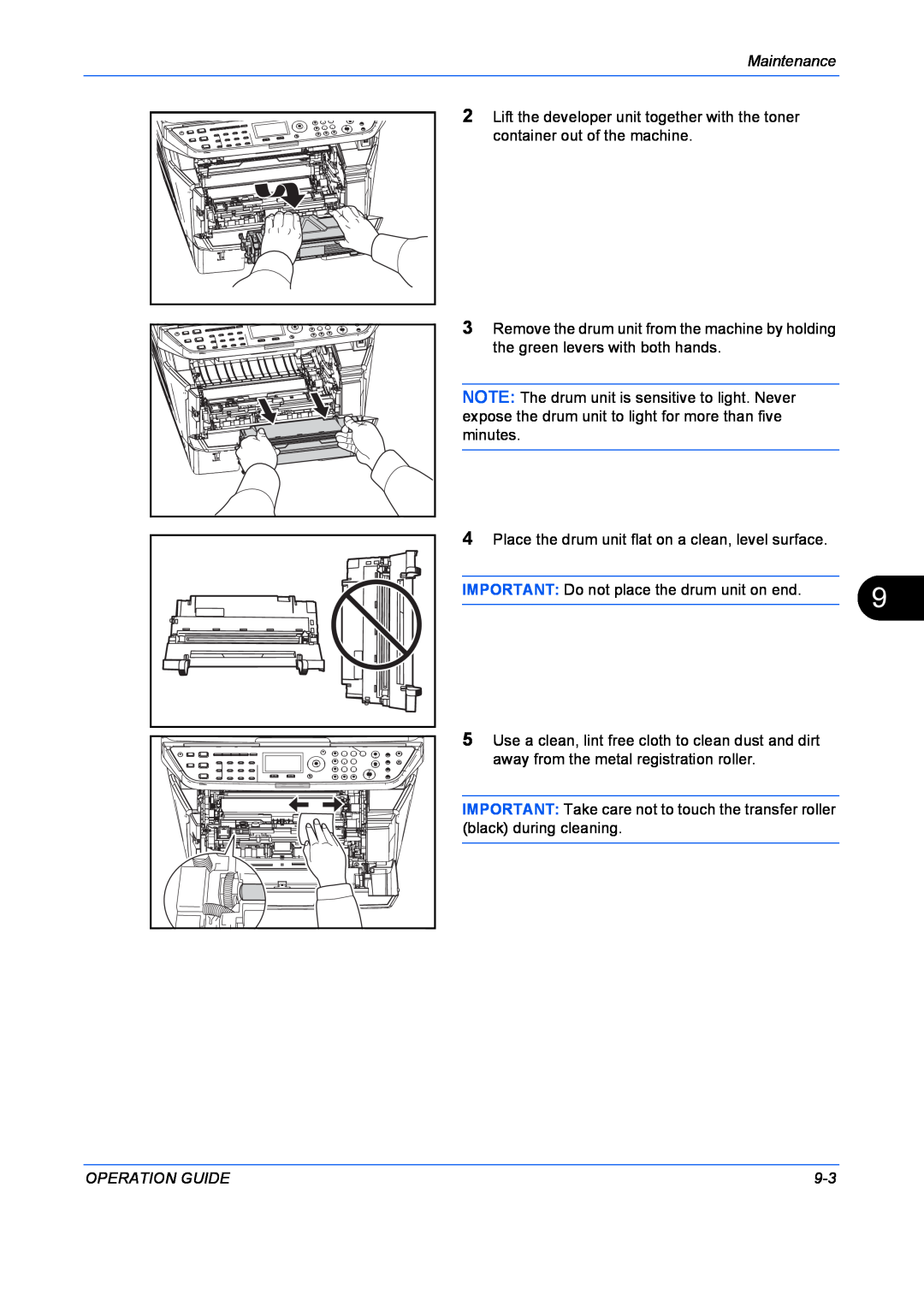Kyocera FS-1128MFP, FS-1028MFP manual Maintenance, IMPORTANT Do not place the drum unit on end, Operation Guide 