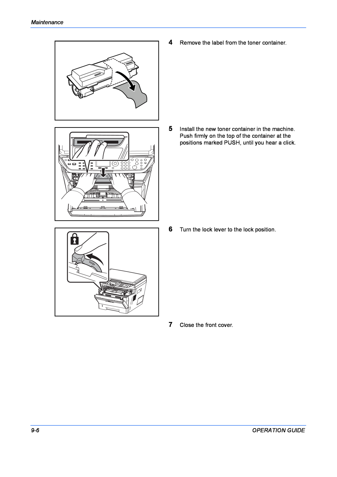 Kyocera FS-1028MFP, FS-1128MFP manual Maintenance, Remove the label from the toner container, Operation Guide 