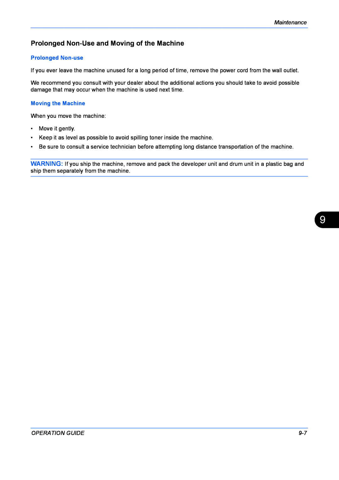 Kyocera FS-1128MFP manual Prolonged Non-Use and Moving of the Machine, Maintenance, Prolonged Non-use, Moving the Machine 