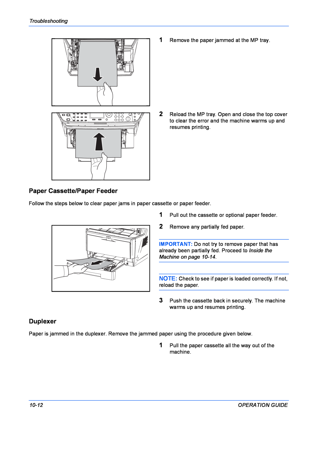 Kyocera FS-1028MFP, FS-1128MFP manual Paper Cassette/Paper Feeder, Duplexer, Troubleshooting, 10-12, Operation Guide 