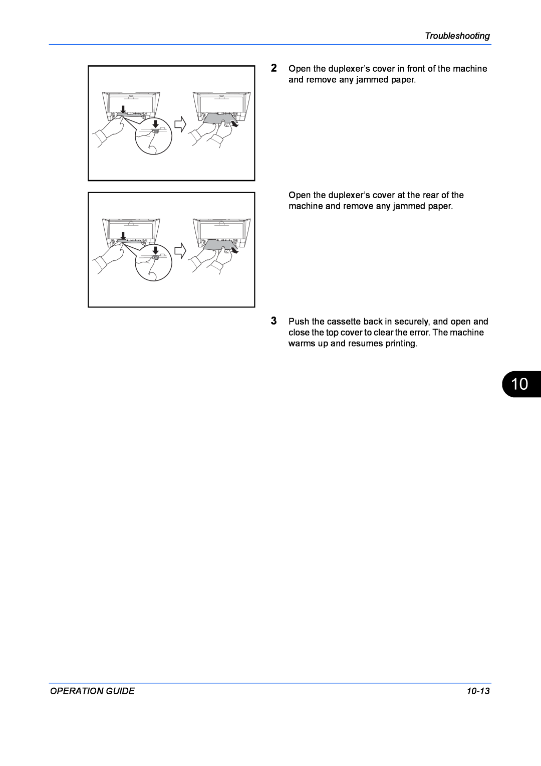 Kyocera FS-1128MFP Troubleshooting, Open the duplexer’s cover in front of the machine and remove any jammed paper, 10-13 