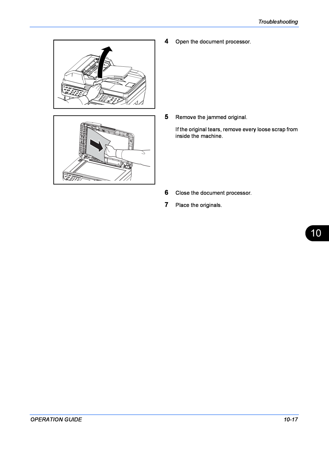 Kyocera FS-1128MFP manual Troubleshooting, Open the document processor Remove the jammed original, Operation Guide, 10-17 