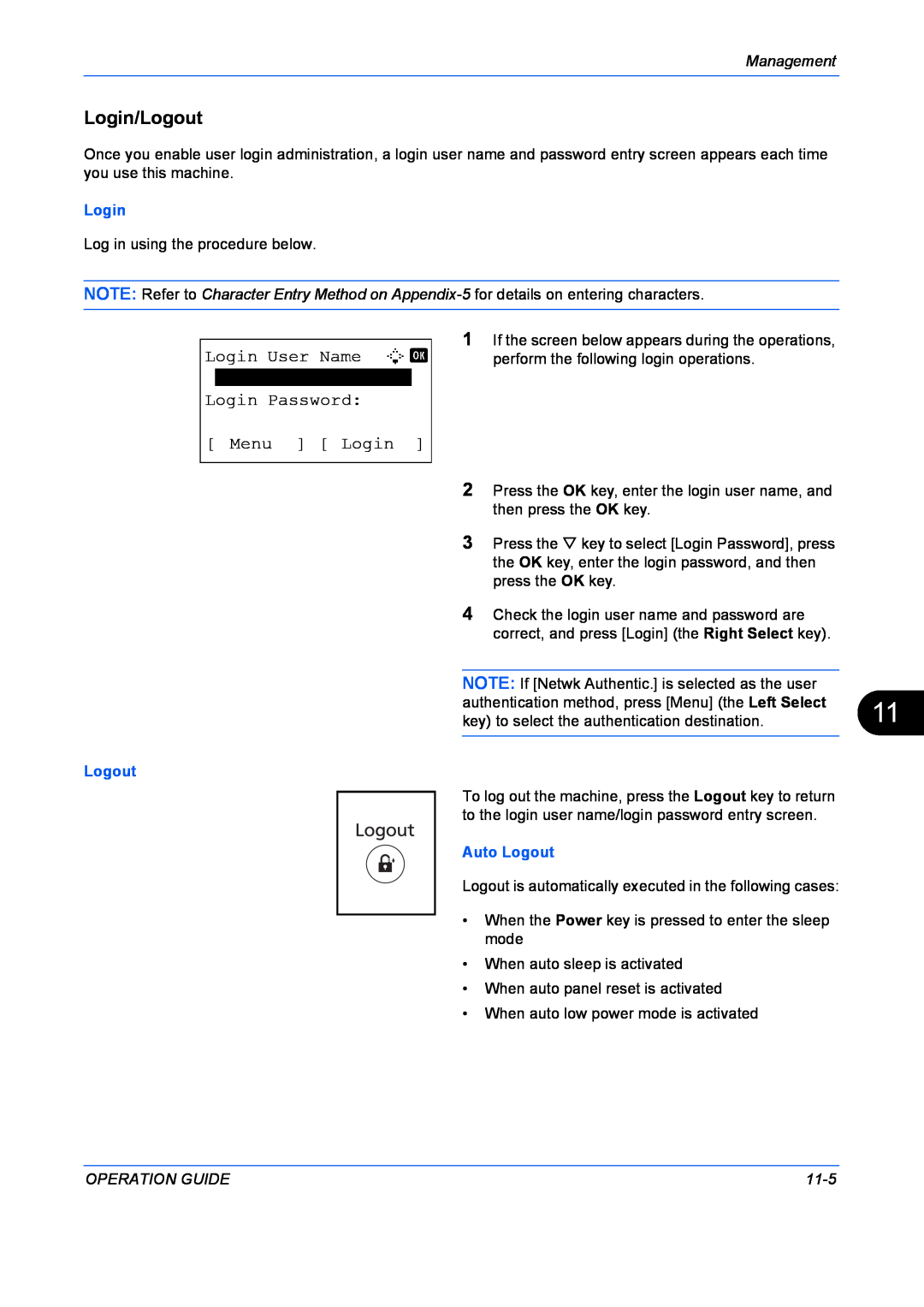 Kyocera FS-1128MFP Login/Logout, Login User Name L b, Login Password Menu Login, Management, Auto Logout, Operation Guide 