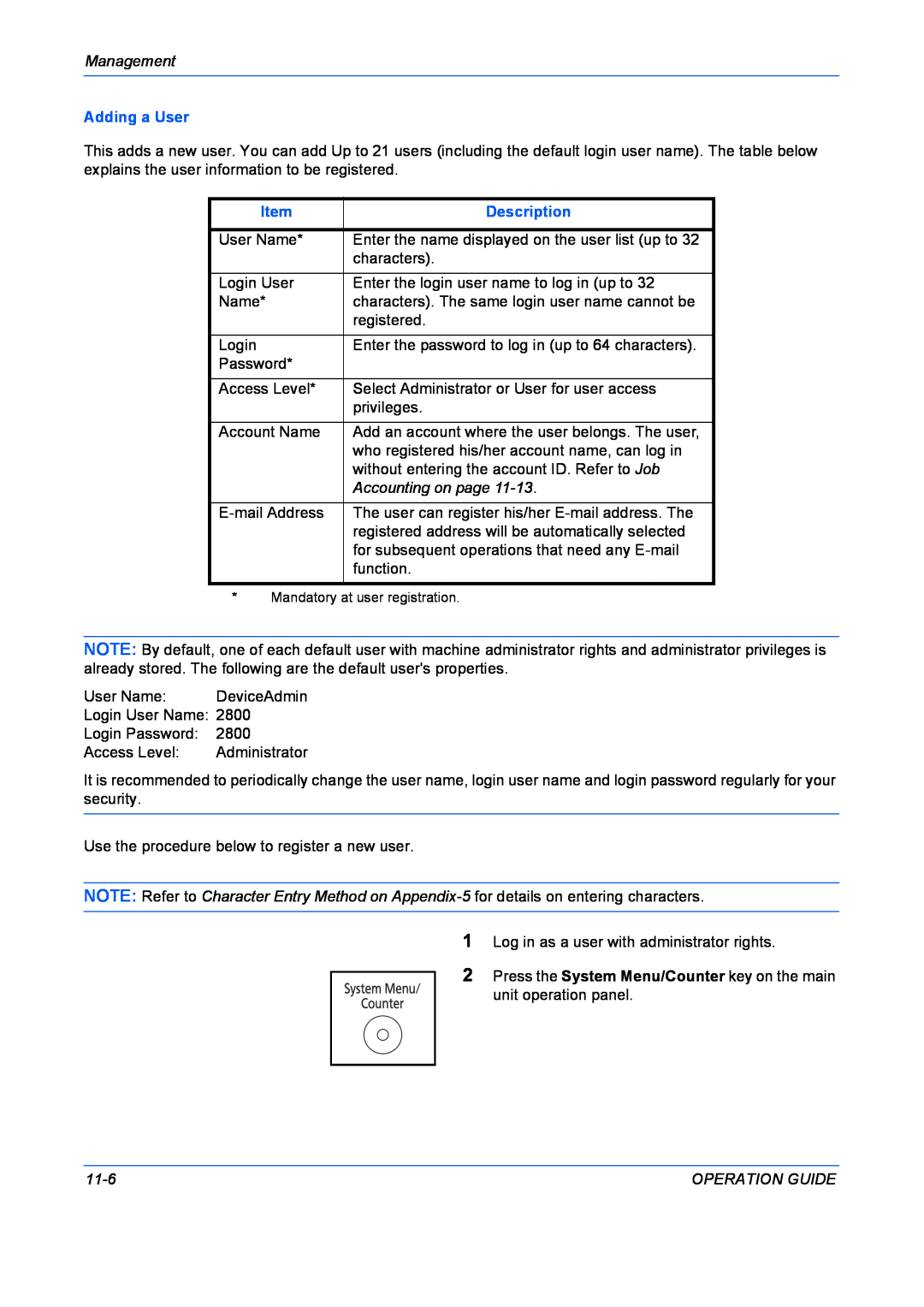 Kyocera FS-1028MFP, FS-1128MFP manual Management, Adding a User, Description, Accounting on page, 11-6, Operation Guide 