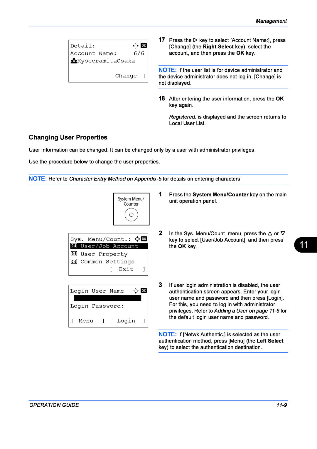 Kyocera FS-1128MFP Changing User Properties, Detail, C b, Account Name, k KyoceramitaOsaka Change, Sys. Menu/Count. a b 