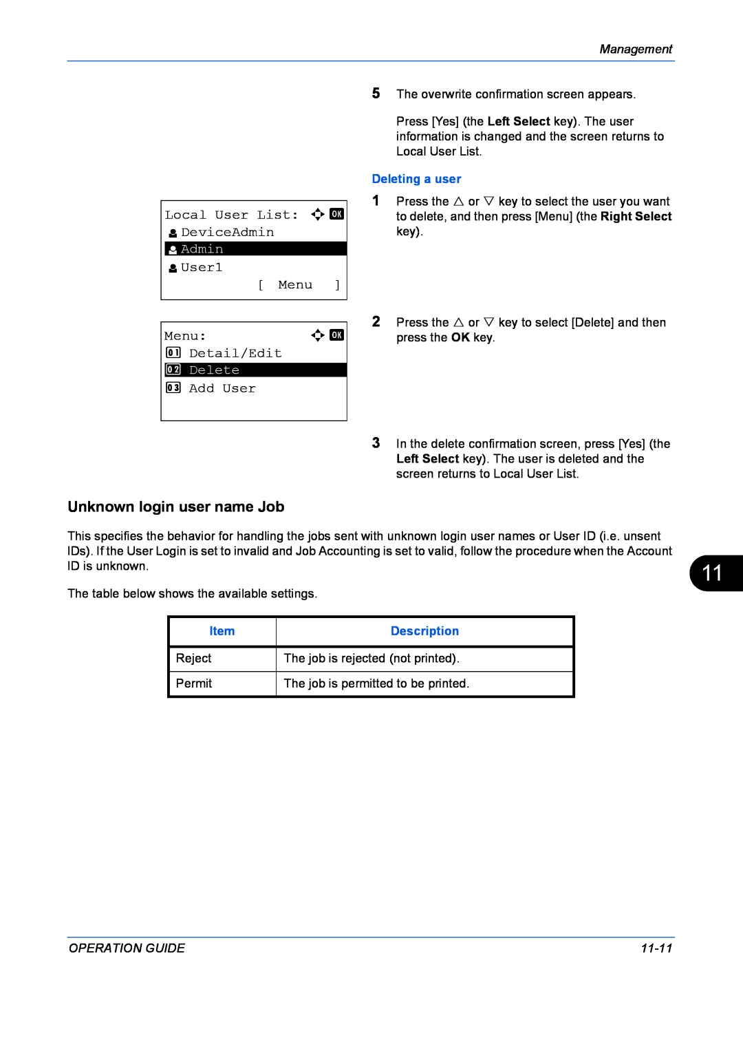 Kyocera FS-1128MFP Unknown login user name Job, Local User List a b l DeviceAdmin, l User1 Menu, Detail/Edit, Add User 