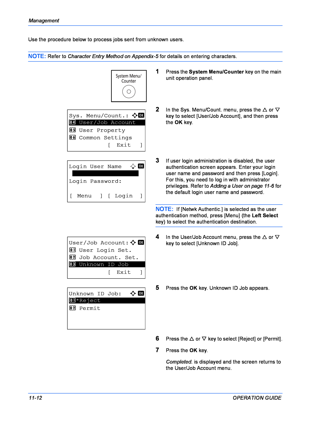 Kyocera FS-1028MFP manual Sys. Menu/Count. a b, User Property 6 Common Settings Exit, Login User Name L b, Job Account. Set 