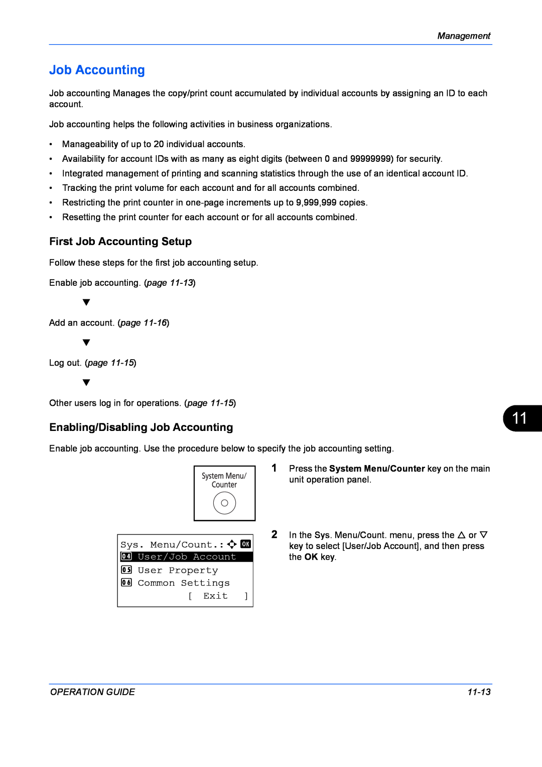 Kyocera FS-1128MFP First Job Accounting Setup, Enabling/Disabling Job Accounting, Sys. Menu/Count.a b, Management 