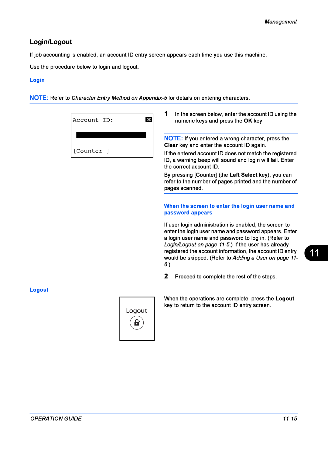 Kyocera FS-1128MFP, FS-1028MFP manual Login/Logout, Account ID, Counter, Management, Operation Guide, 11-15 