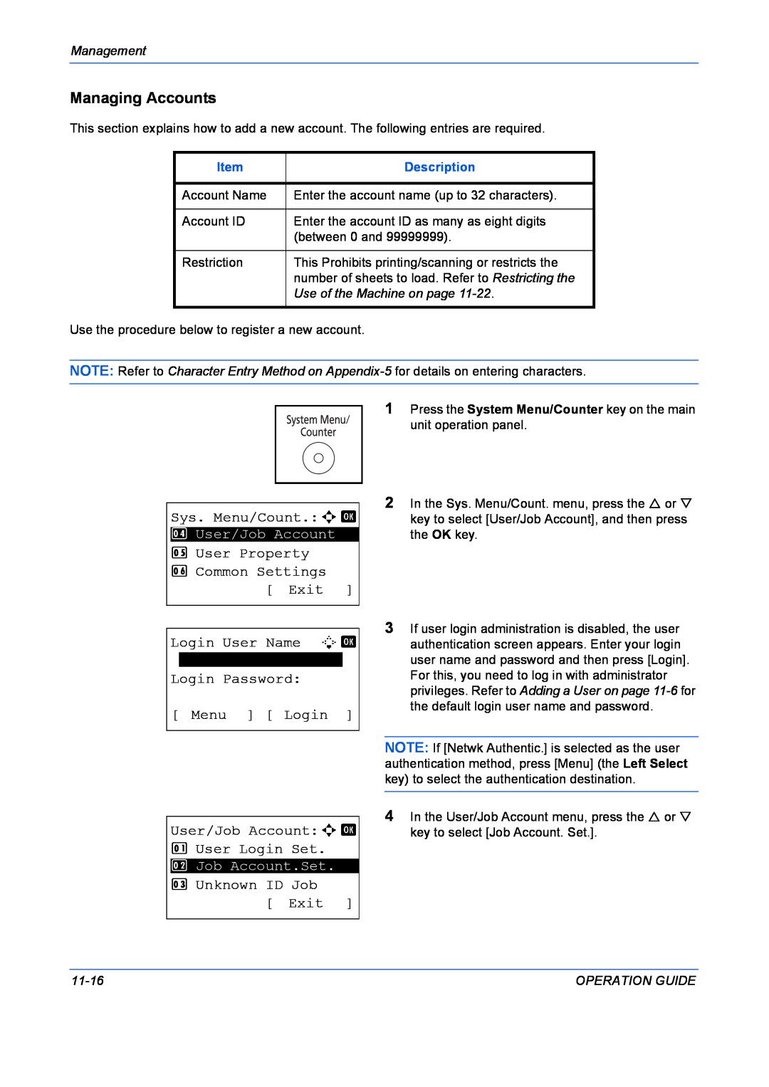 Kyocera FS-1028MFP manual Managing Accounts, Sys. Menu/Count.a b, User Property 6 Common Settings Exit, Login User Name L b 