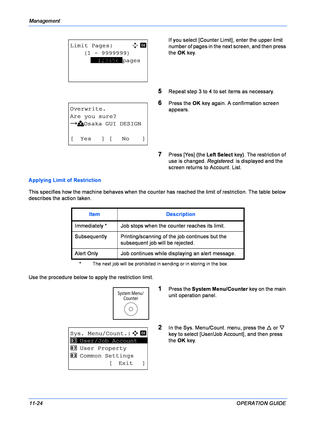 Kyocera FS-1028MFP manual Limit Pages D b 1 - 9999999 **123456*pages Overwrite. Are you sure?, z k Osaka GUI DESIGN, Yes No 