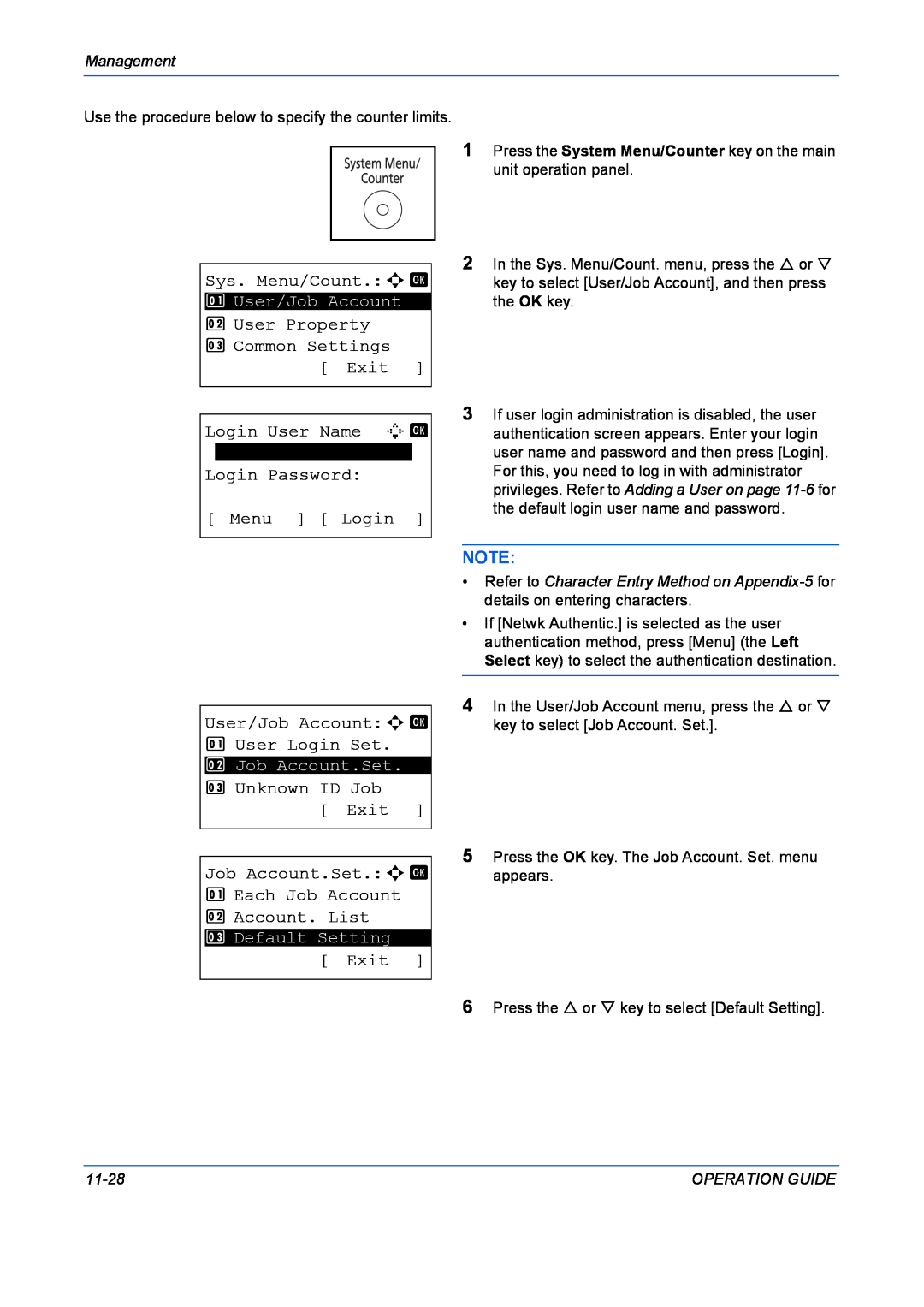 Kyocera FS-1028MFP Sys. Menu/Count. a, User Property, Common Settings, Login User Name L b, Unknown ID Job Exit, 11-28 