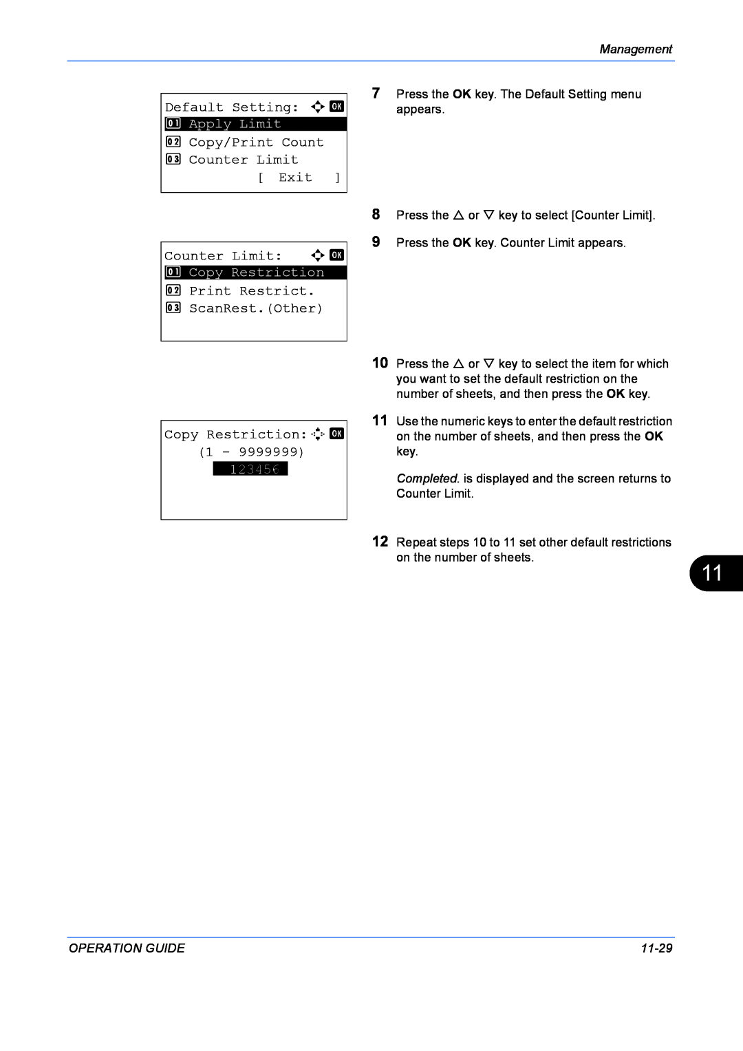 Kyocera FS-1128MFP manual Default Setting a b, Copy/Print Count 3 Counter Limit Exit Counter Limit a b, Copy RestrictionD b 