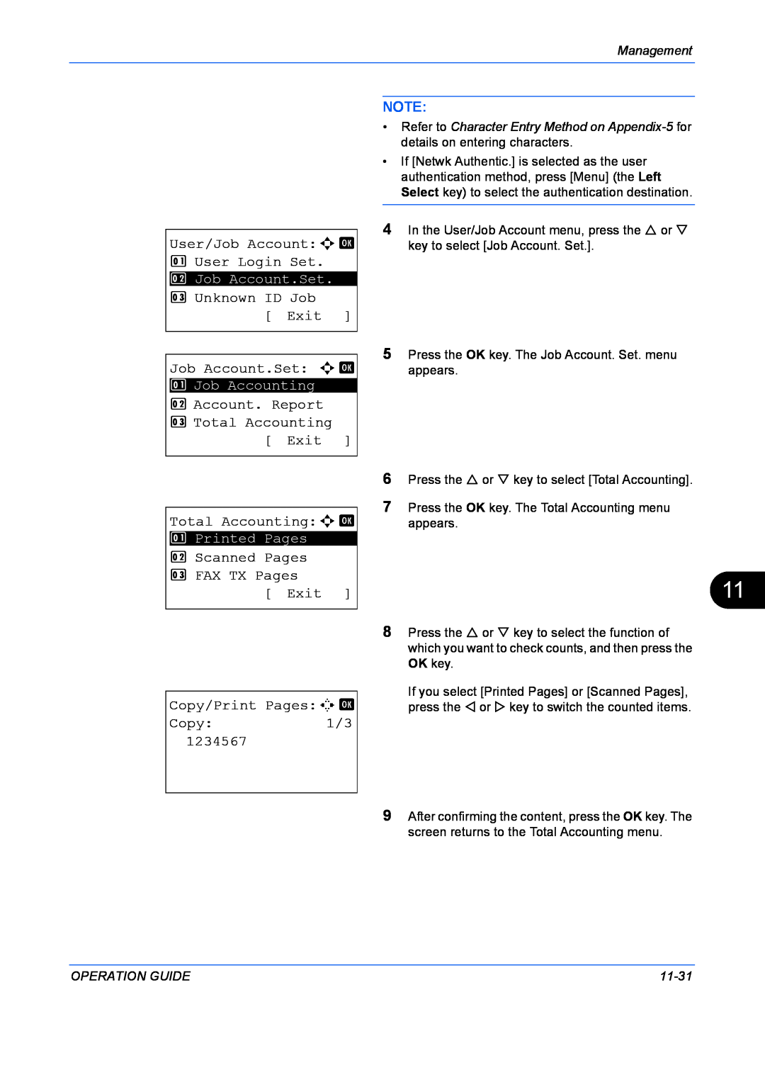 Kyocera FS-1128MFP User/Job Accounta b 1 User Login Set, Unknown ID Job Exit, Job Account.Set a b, 1234567, Management 