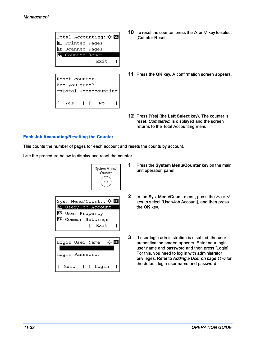 Kyocera FS-1028MFP Total Accountinga b 1 Printed Pages 2 Scanned Pages, Yes No, Sys. Menu/Count.a b, Login User Name L b 