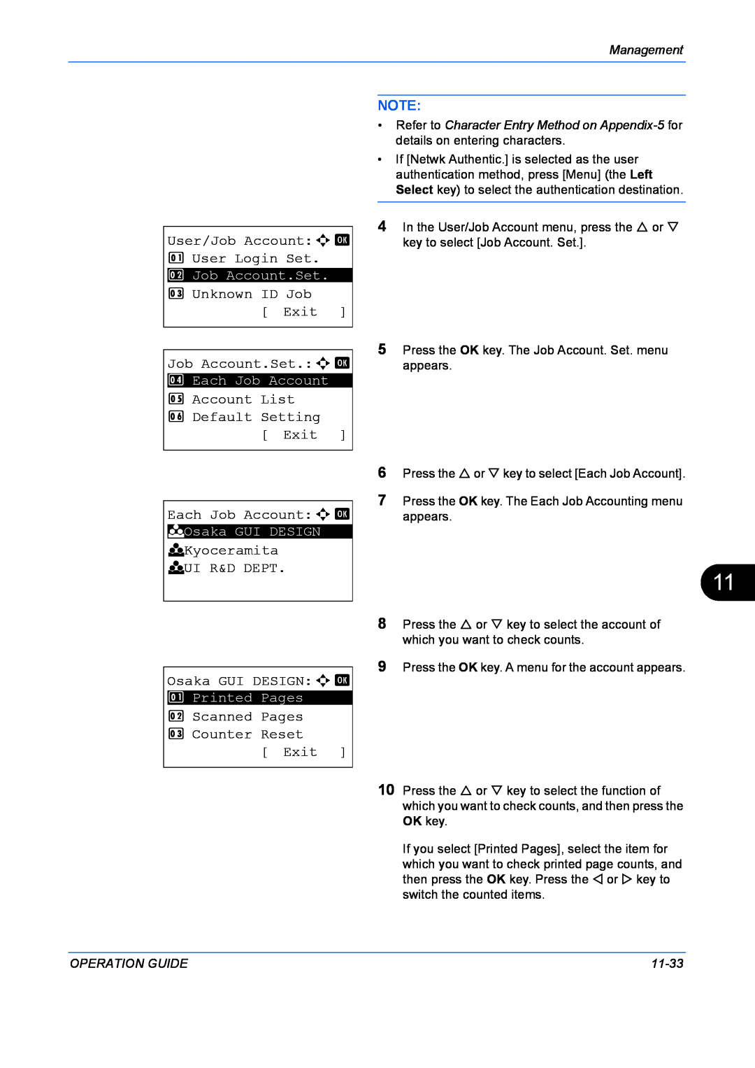 Kyocera FS-1128MFP manual User/Job Accounta b 1 User Login Set, Unknown ID Job Exit, Job Account.Set.a b, Management, 11-33 