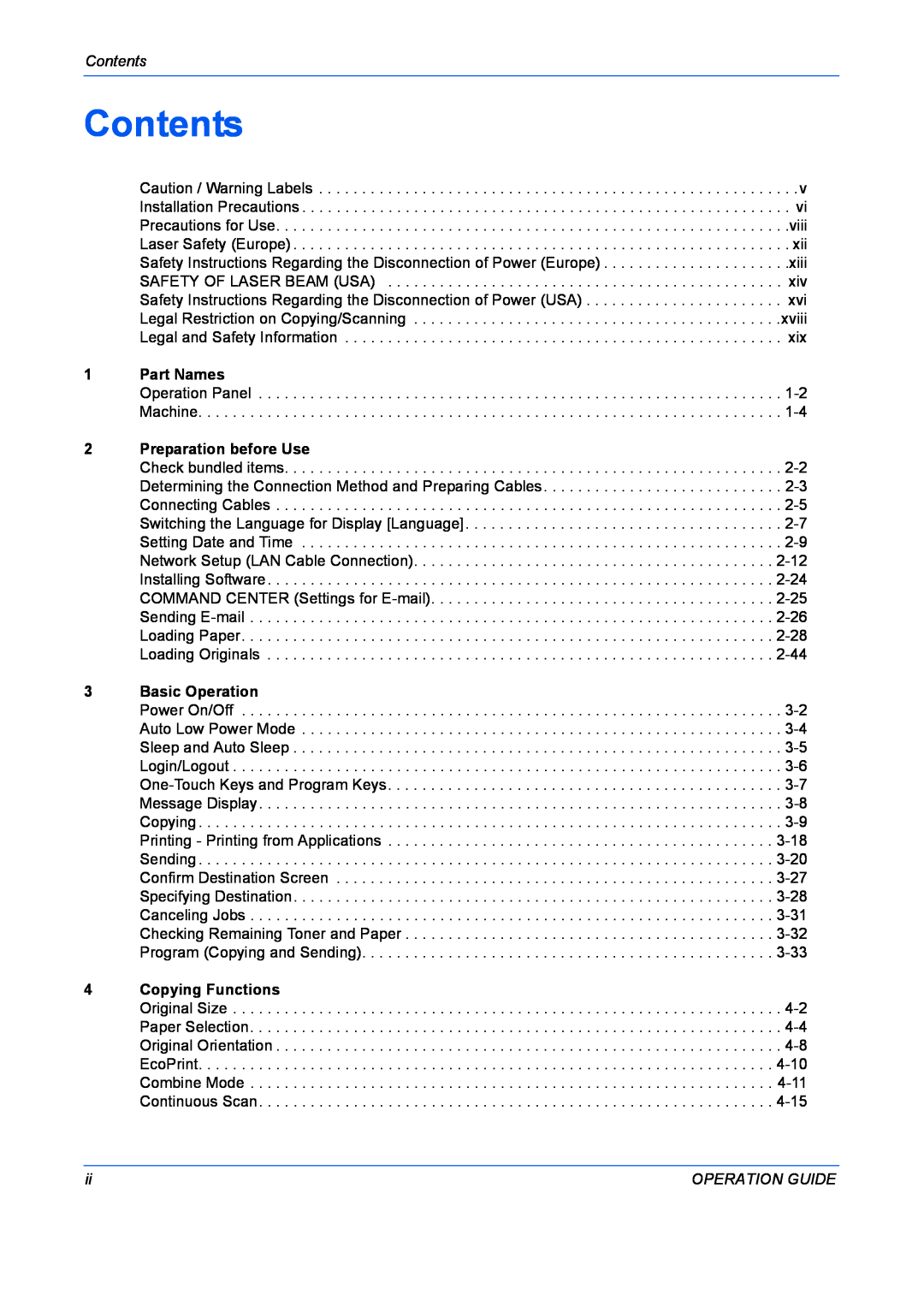 Kyocera FS-1028MFP manual Contents, Part Names, Preparation before Use, Basic Operation, Copying Functions, Operation Guide 