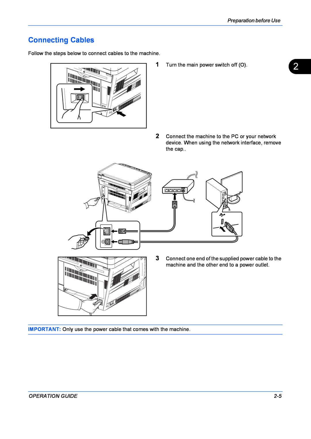 Kyocera FS-1128MFP, FS-1028MFP manual Connecting Cables, Preparation before Use, Operation Guide 