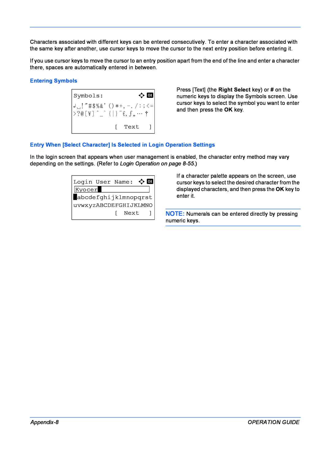 Kyocera FS-1028MFP Symbols, Text, Login User Name a b Kyocer, abcdefghijklmnopqrst uvwxyzABCDEFGHIJKLMNO Next, Appendix-8 