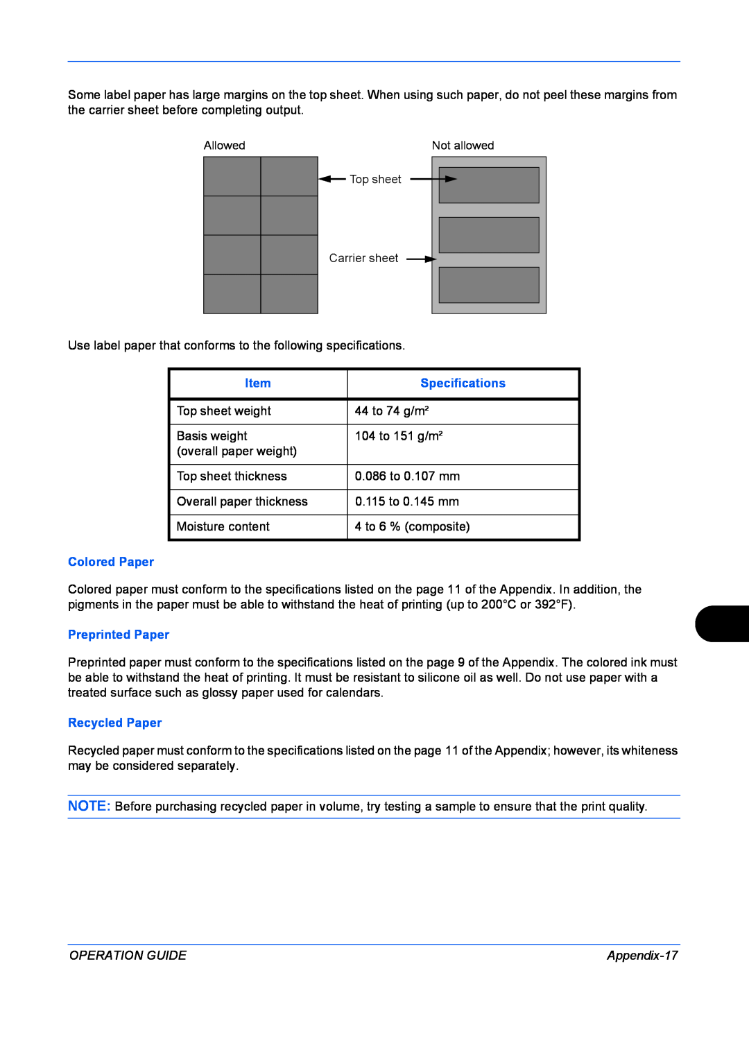 Kyocera FS-1128MFP manual Specifications, Colored Paper, Preprinted Paper, Recycled Paper, Operation Guide, Appendix-17 