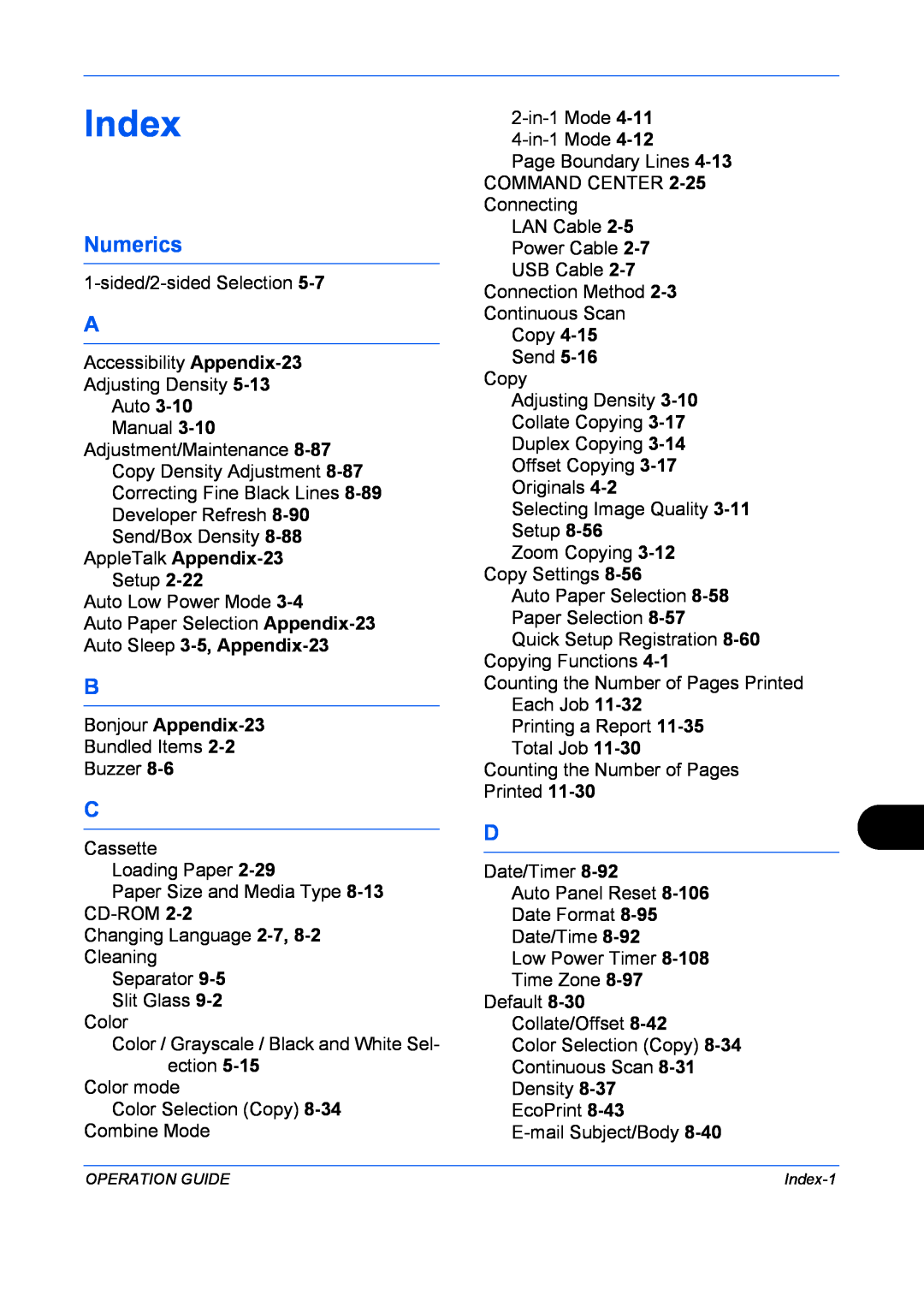 Kyocera FS-1128MFP, FS-1028MFP Index, Numerics, AppleTalk Appendix-23, Auto Sleep 3-5, Appendix-23, Bonjour Appendix-23 