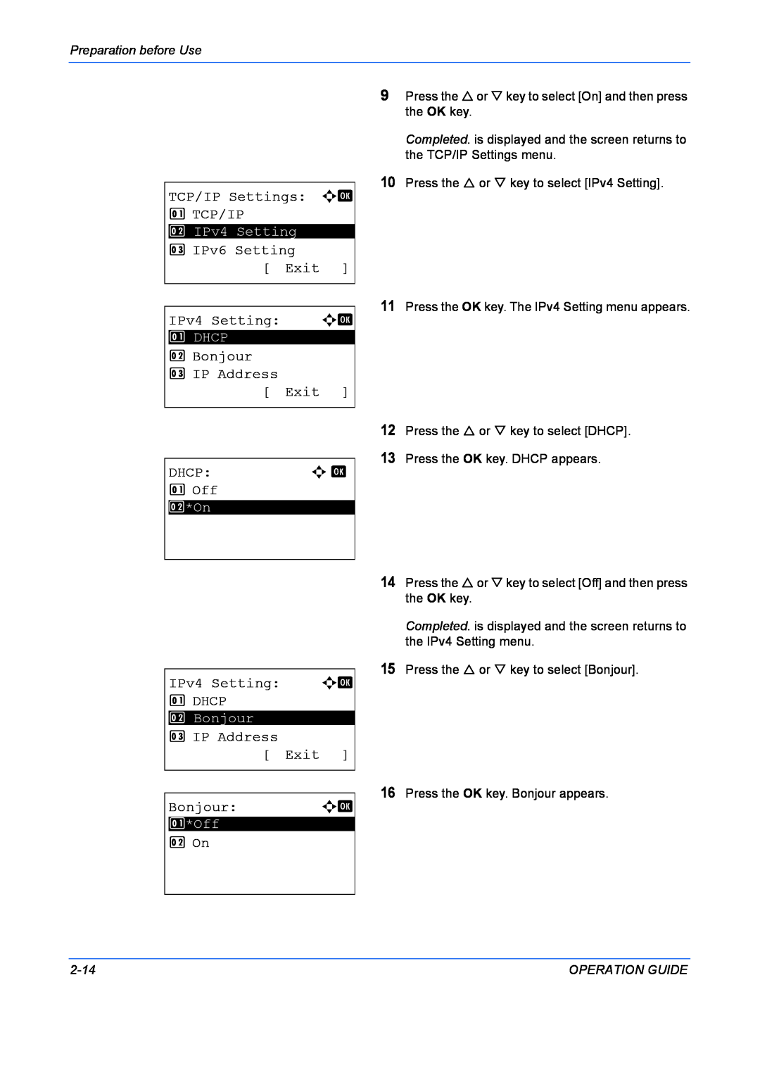 Kyocera FS-1028MFP TCP/IP Settings a b 1 TCP/IP, 3 IPv6 Setting Exit IPv4 Setting a b, Bonjour 3 IP Address Exit, Dhcp 