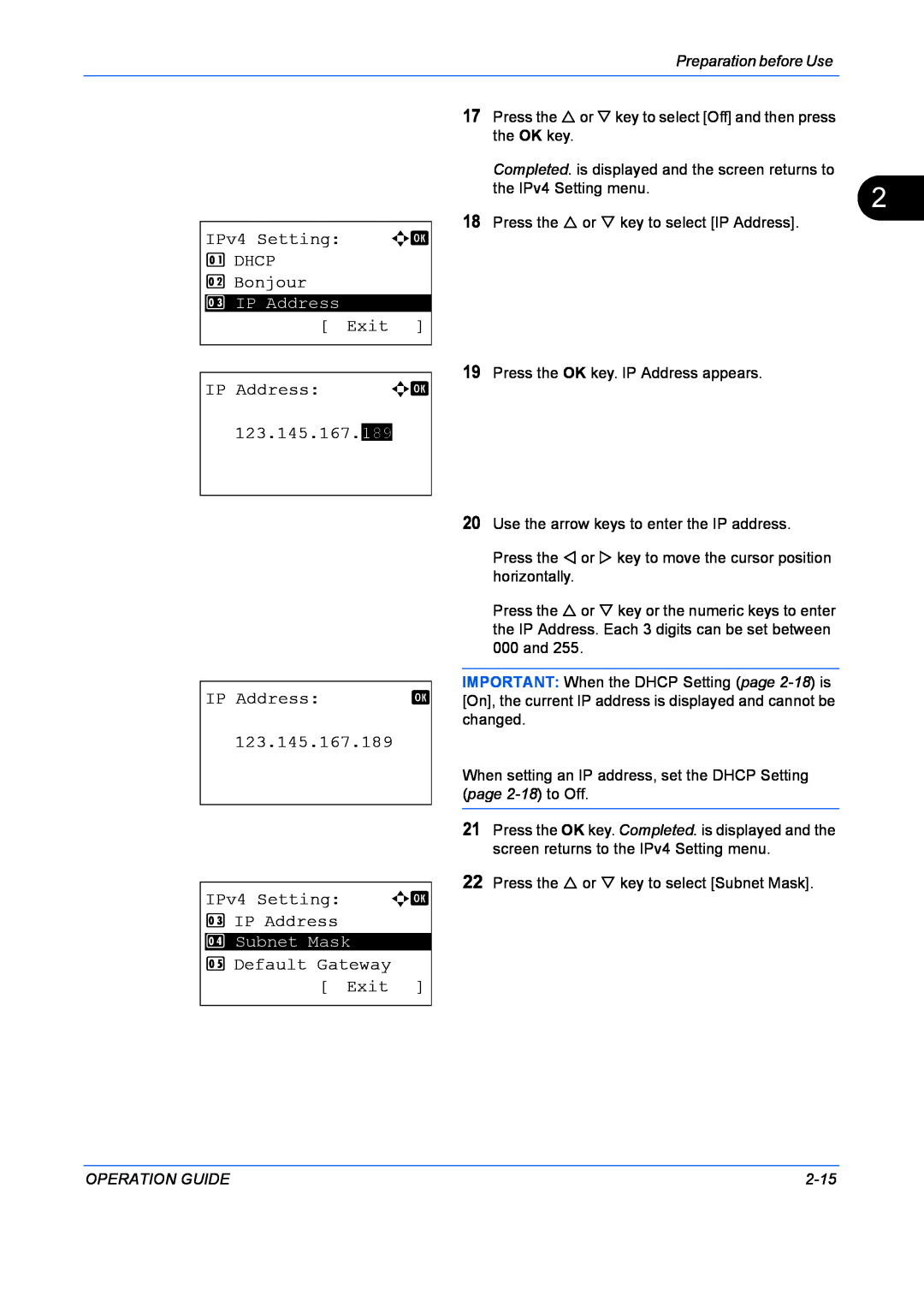 Kyocera FS-1128MFP manual IPv4 Setting a b 1 DHCP 2 Bonjour, IP Address, 123.145.167.189, Default Gateway Exit, 2-15 