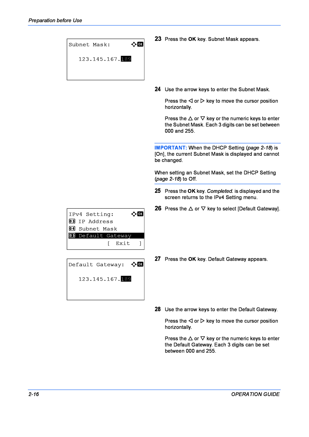 Kyocera FS-1028MFP manual 123.145.167.189 IPv4 Setting a b 3 IP Address 4 Subnet Mask, Preparation before Use, 2-16 