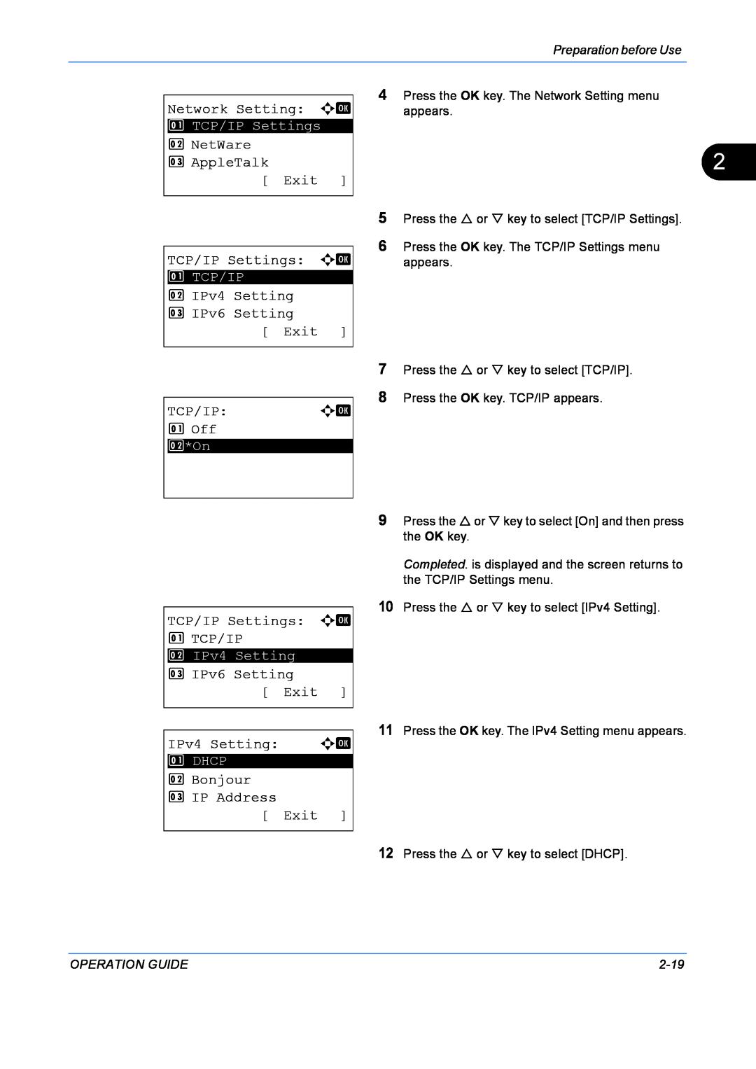 Kyocera FS-1128MFP Network Setting a b, NetWare 3 AppleTalk Exit TCP/IP Settings a b, 2 IPv4 Setting 3 IPv6 Setting Exit 