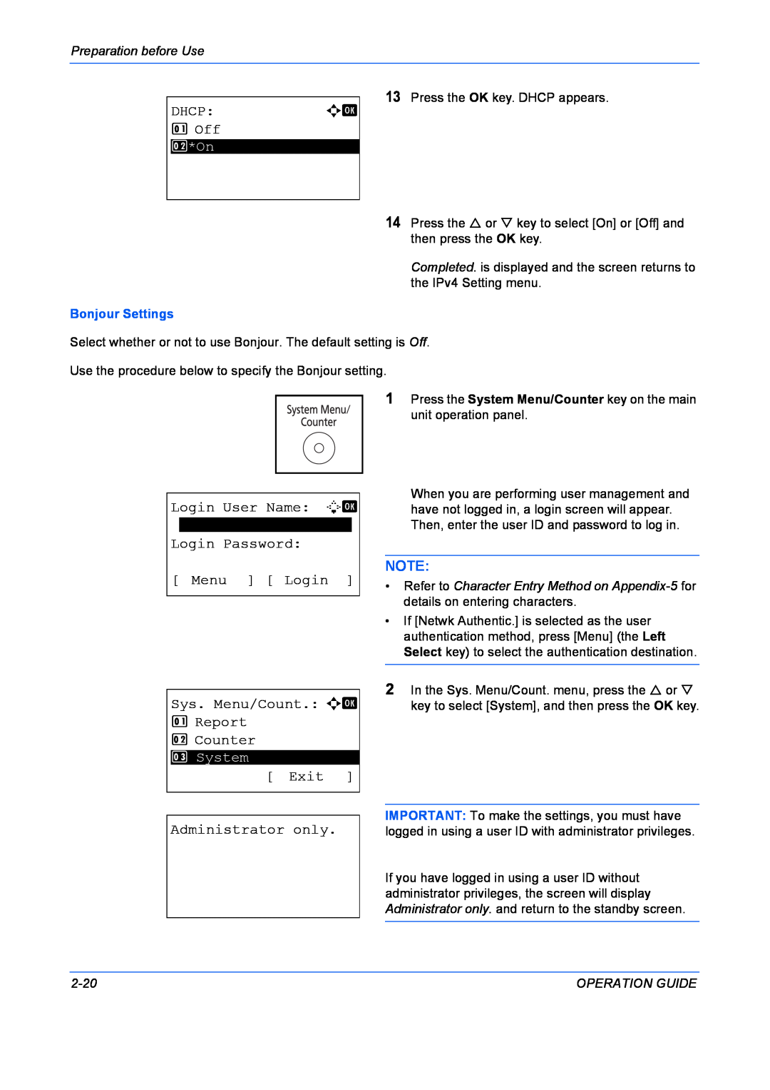 Kyocera FS-1028MFP Dhcp, 1 Off, Login User Name L b, Login Password Menu Login, Sys. Menu/Count. a b 1 Report 2 Counter 