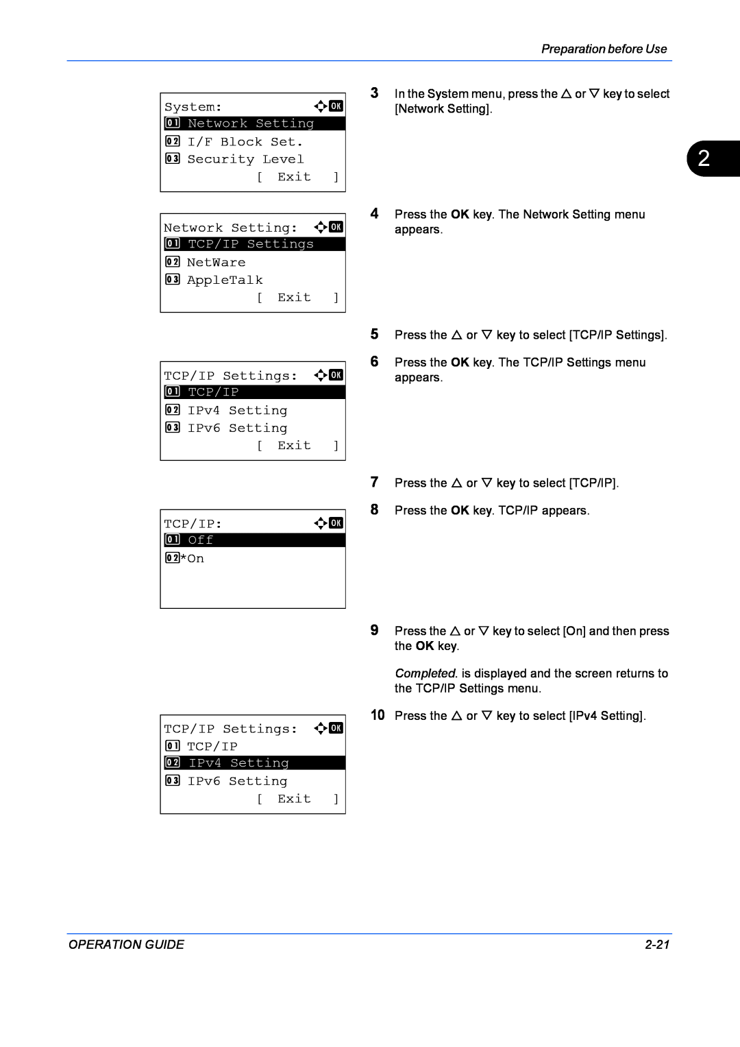 Kyocera FS-1128MFP System, 2 I/F Block Set 3 Security Level Exit Network Setting a b, 2 *On TCP/IP Settings a b 1 TCP/IP 