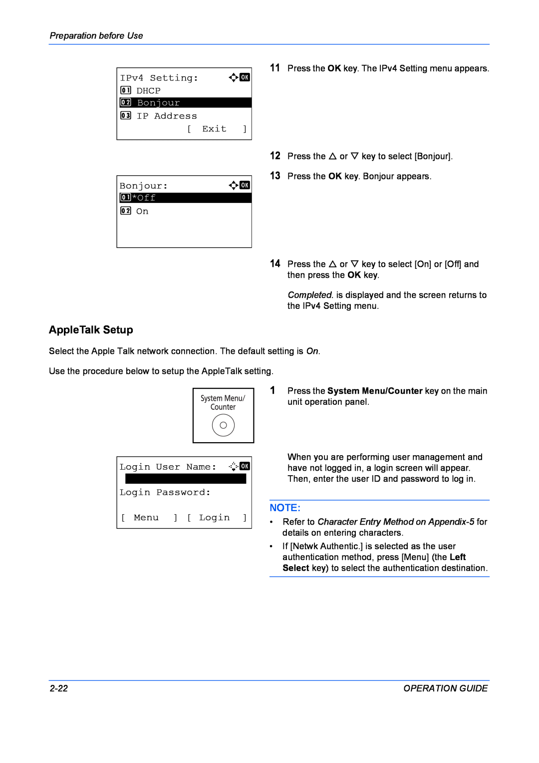 Kyocera FS-1028MFP AppleTalk Setup, IPv4 Setting a b 1 DHCP, IP Address Exit, Bonjour, 2 On, Login User Name L b, 2-22 