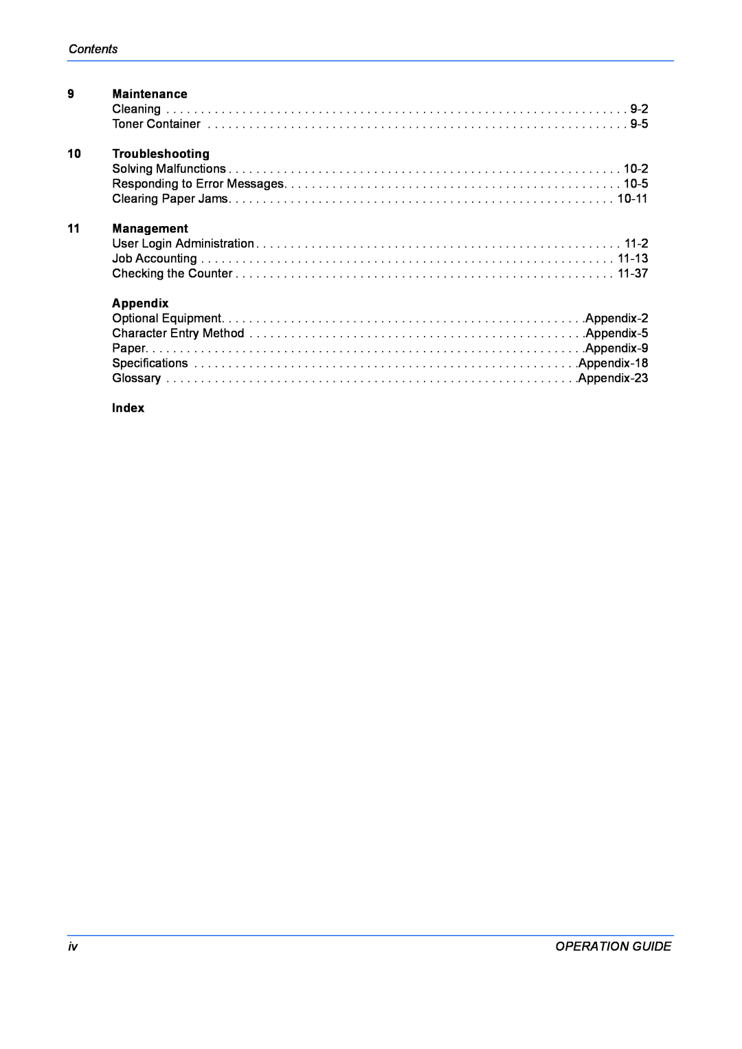 Kyocera FS-1028MFP, FS-1128MFP manual Contents, Maintenance, Troubleshooting, Management, Appendix, Index, Operation Guide 