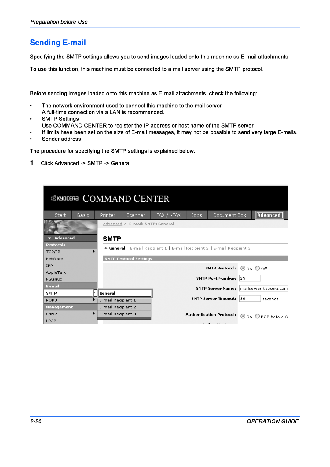 Kyocera FS-1028MFP, FS-1128MFP manual Sending E-mail, Preparation before Use, 2-26, Operation Guide 