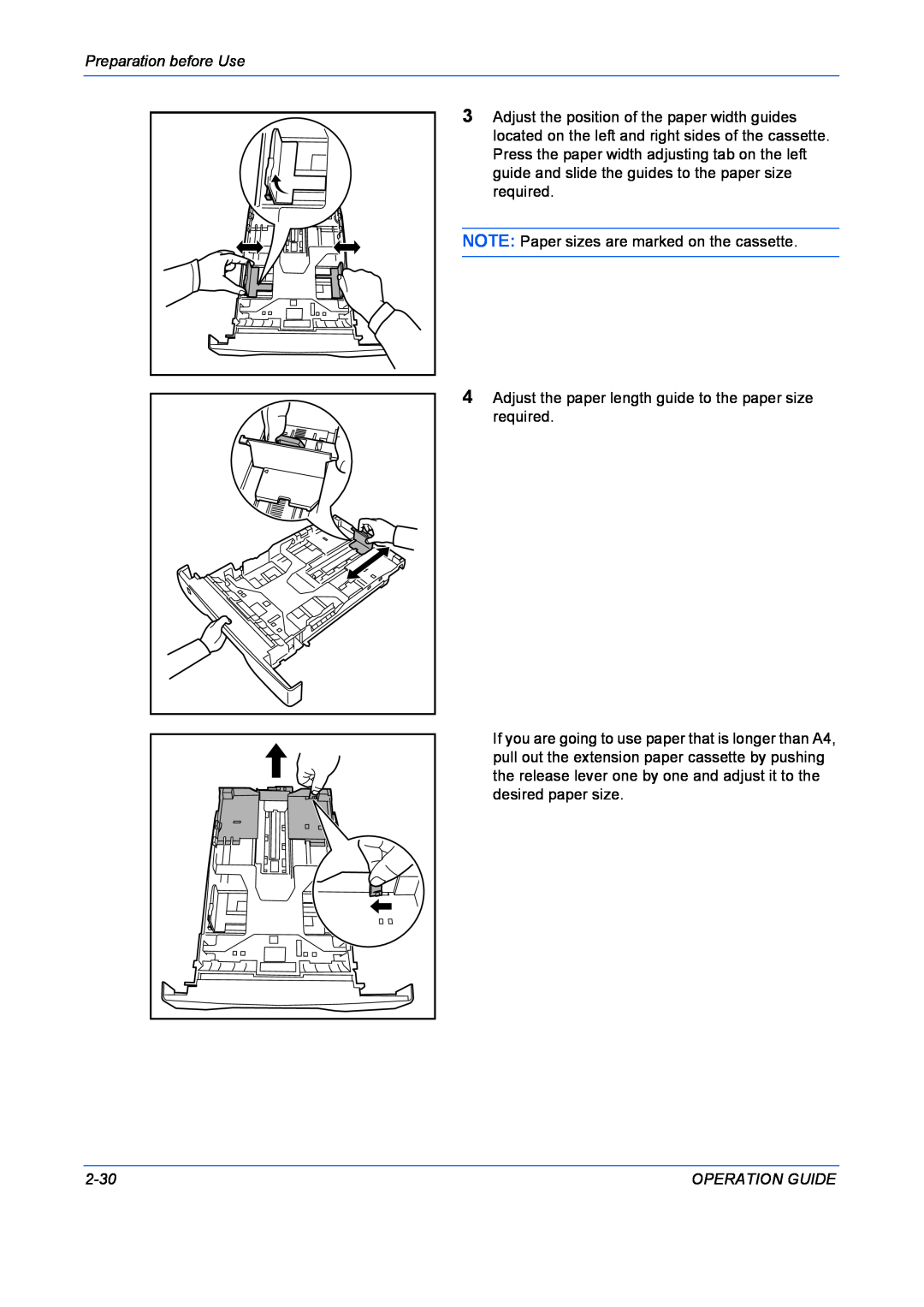 Kyocera FS-1028MFP, FS-1128MFP Preparation before Use, NOTE Paper sizes are marked on the cassette, 2-30, Operation Guide 