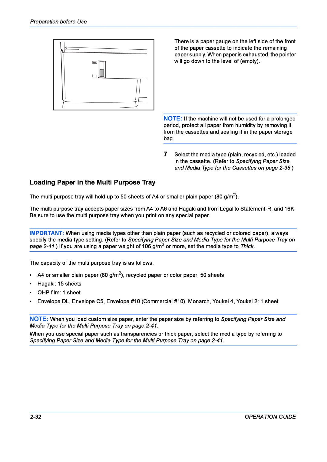 Kyocera FS-1028MFP, FS-1128MFP manual Loading Paper in the Multi Purpose Tray, Preparation before Use, 2-32, Operation Guide 