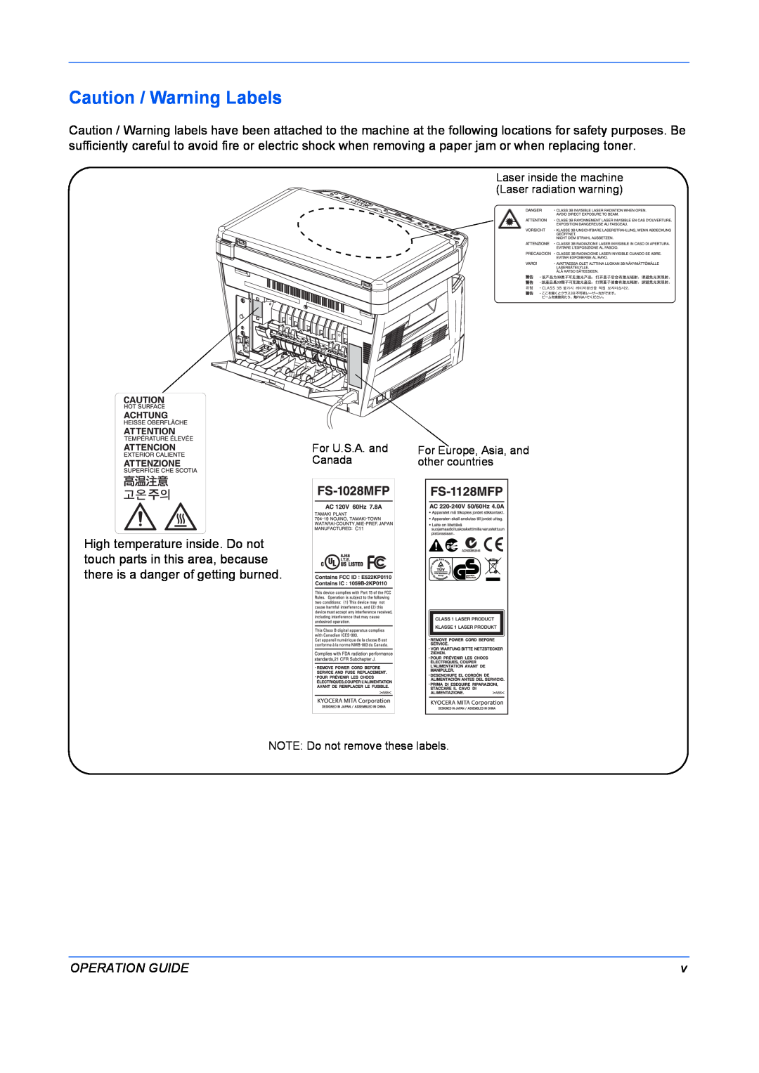Kyocera FS-1128MFP, FS-1028MFP manual Caution / Warning Labels, Operation Guide, For U.S.A. and, Canada, other countries 