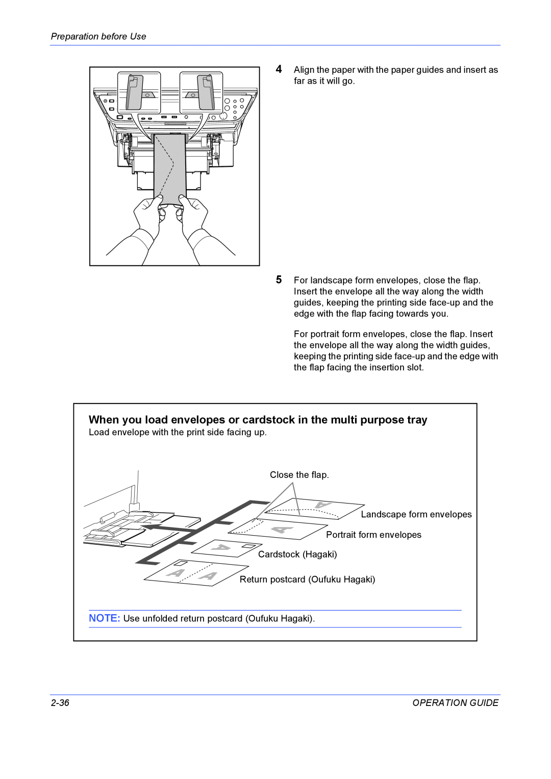 Kyocera FS-1028MFP manual When you load envelopes or cardstock in the multi purpose tray, Preparation before Use, 2-36 