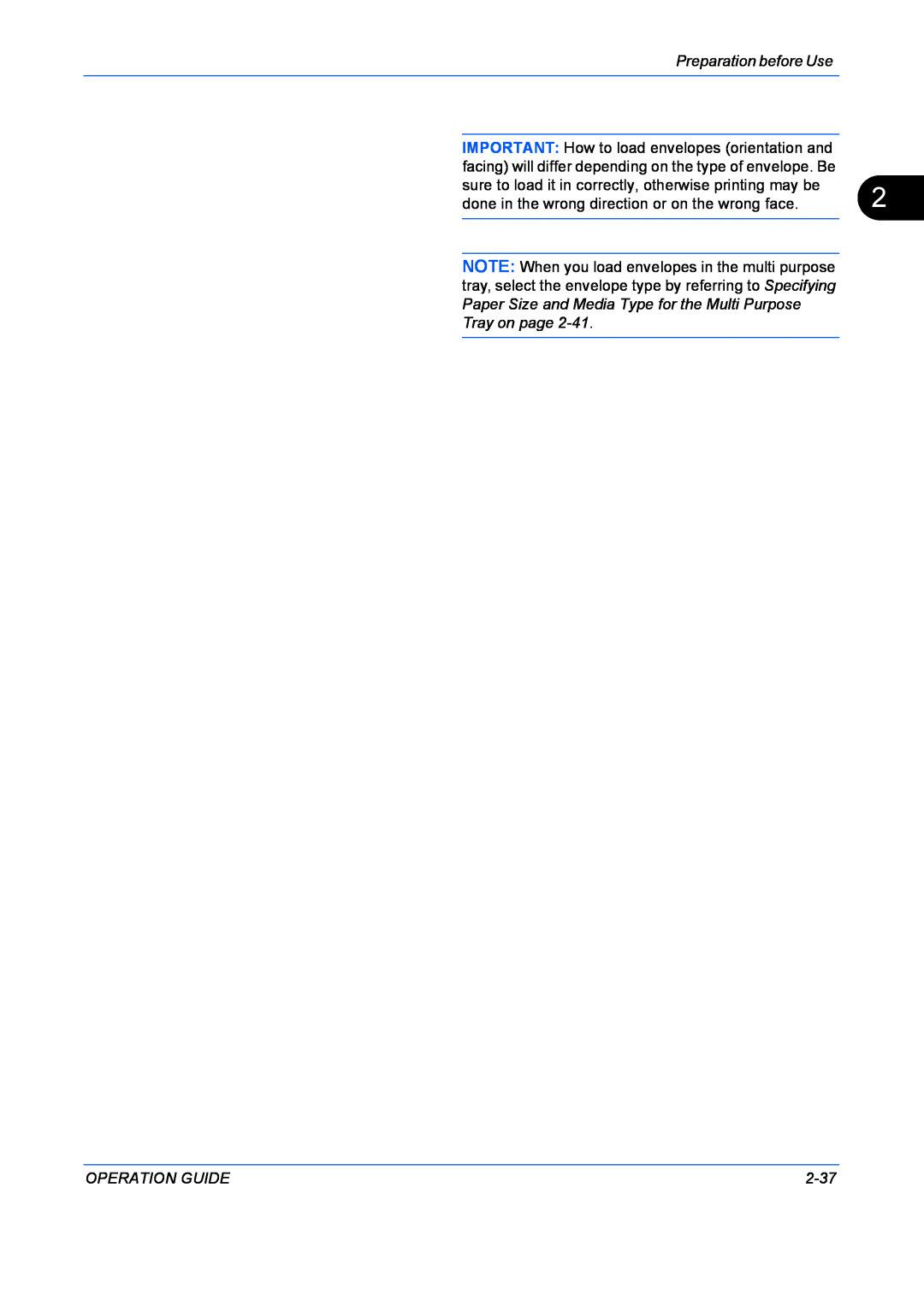 Kyocera FS-1128MFP manual Preparation before Use, IMPORTANT How to load envelopes orientation and, Operation Guide, 2-37 