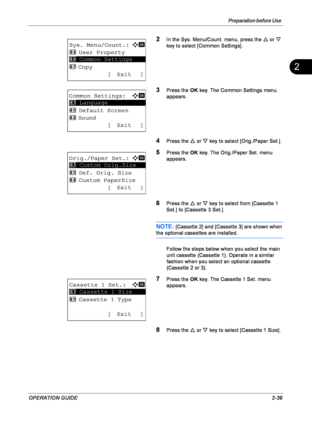 Kyocera FS-1128MFP manual Sys. Menu/Count. a b 5 User Property, Copy Exit Common Settings a b, Cassette 1 Set. a b, 2-39 