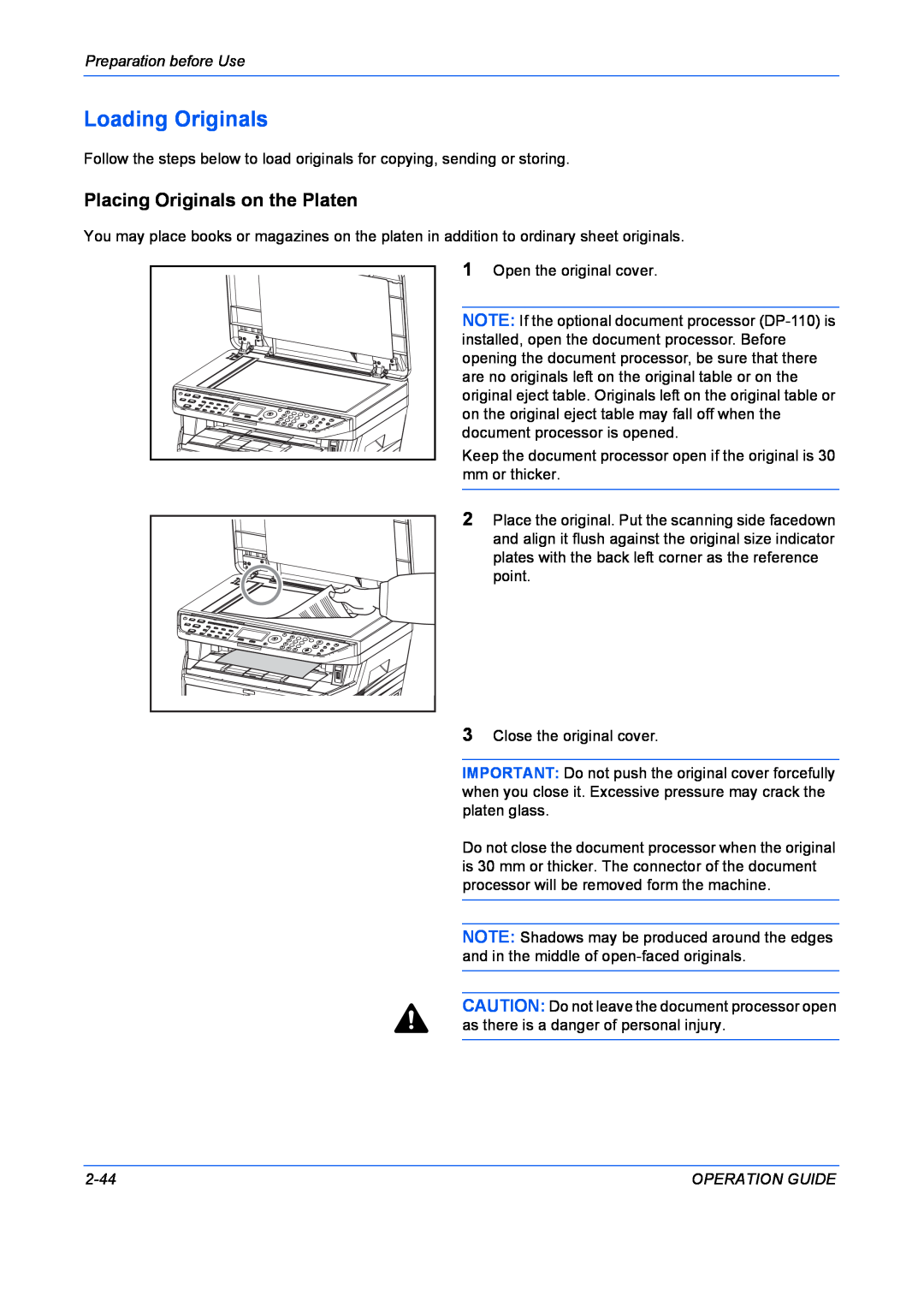 Kyocera FS-1028MFP manual Loading Originals, Placing Originals on the Platen, Preparation before Use, 2-44, Operation Guide 