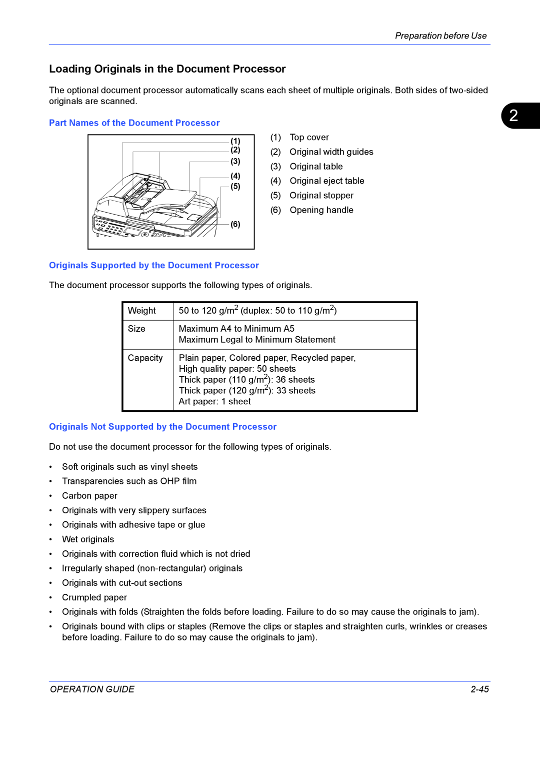 Kyocera FS-1128MFP, FS-1028MFP Loading Originals in the Document Processor, Preparation before Use, Operation Guide, 2-45 