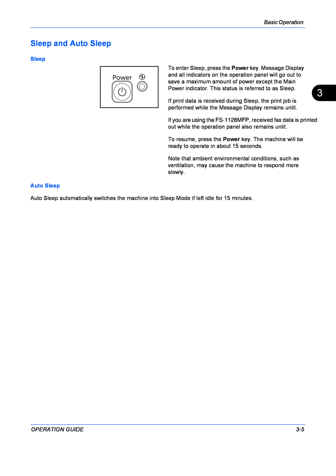 Kyocera FS-1128MFP, FS-1028MFP manual Sleep and Auto Sleep, Basic Operation, Operation Guide 