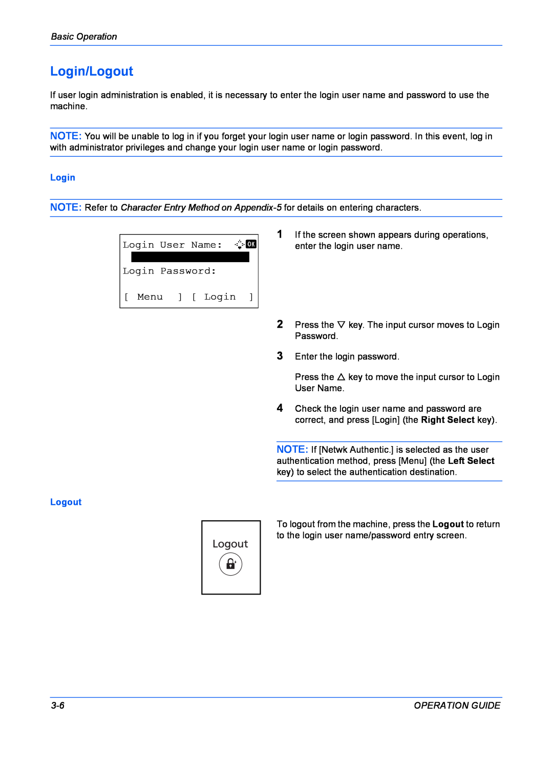 Kyocera FS-1028MFP manual Login/Logout, Login User Name L b, Login Password Menu Login, Basic Operation, Operation Guide 