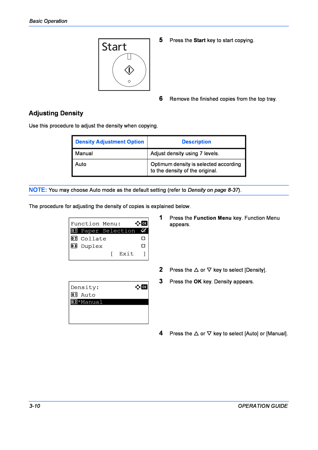 Kyocera FS-1028MFP manual Adjusting Density, Function Menu, Collate, Duplex, Exit, Auto, Basic Operation, Description, 3-10 
